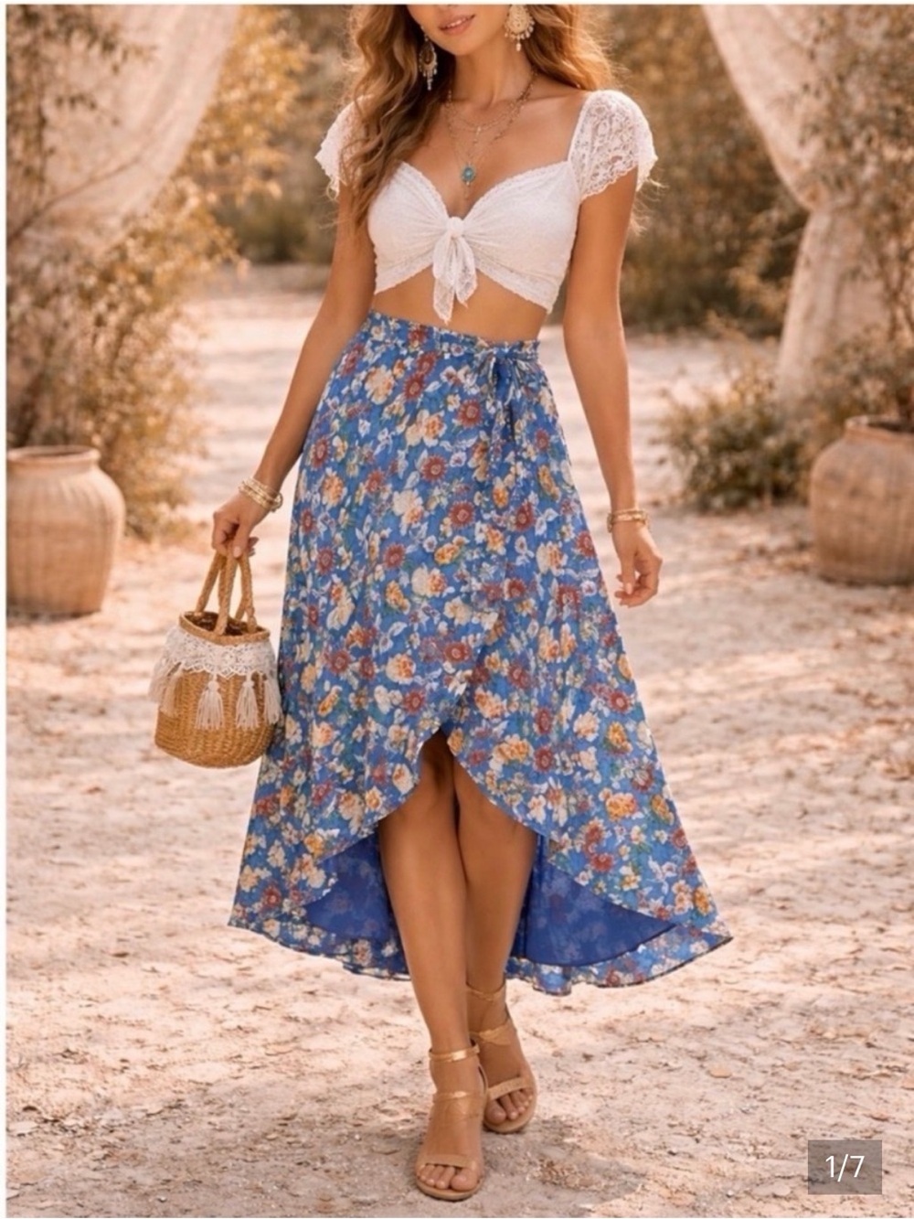 Ralph Lauren Blue Floral 100% Silk Wrap Skirt Women's Size 8 Vintage